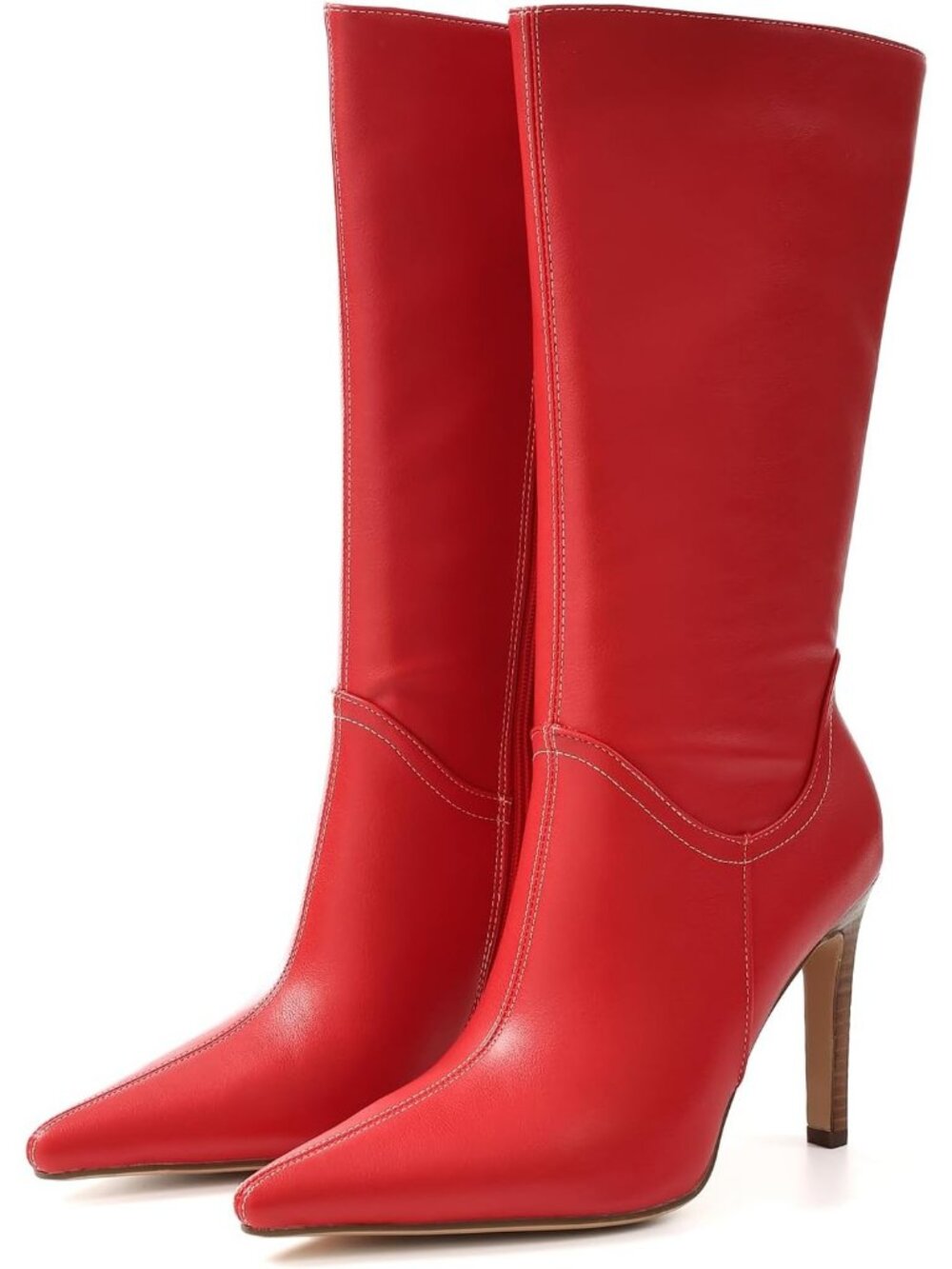 Women's Red Comfortable Mid Calf Pointed Toe High Heel Side Zipper Dress Boots